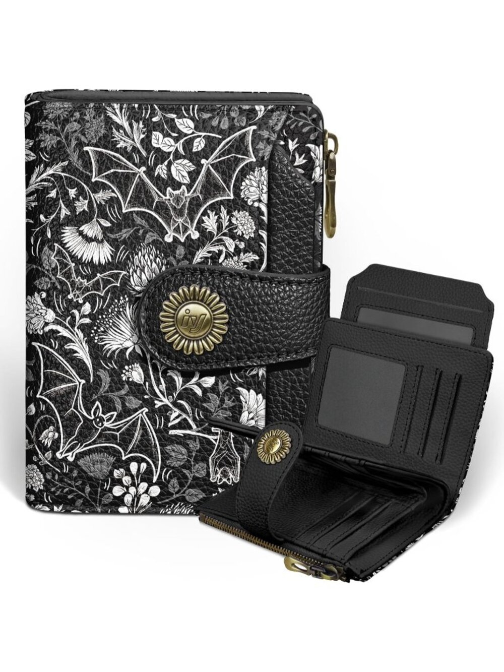 〽️Women Goth Bat PU Leather RFID Blocking Bifold 14 Card Slots Cash Purse